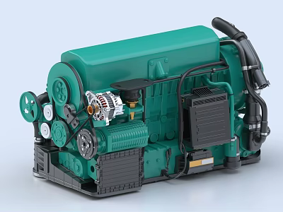 Detailed Green Industrial Engine Showcasing Pulleys Cooling System Pipes and Black Mechanical Parts 3d model