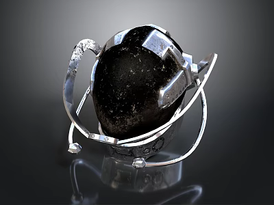 Black Gemstone Sculpture With Silver Metal Ring Stand And Reflective Base 3d model