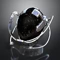 Black Gemstone Sculpture With Silver Metal Ring Stand And Reflective Base