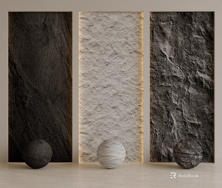 Modern Textured Background Wall Design Featuring Three Panels Light Center Dark Sides and Decorative Spheres 3d model 