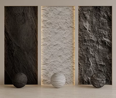 Modern Textured Background Wall Design Featuring Three Panels Light Center Dark Sides and Decorative Spheres 3d model
