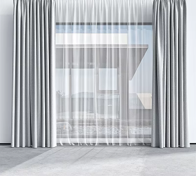 Gray Curtains With White Sheer Panels For Modern Window Interior Decor 3d model