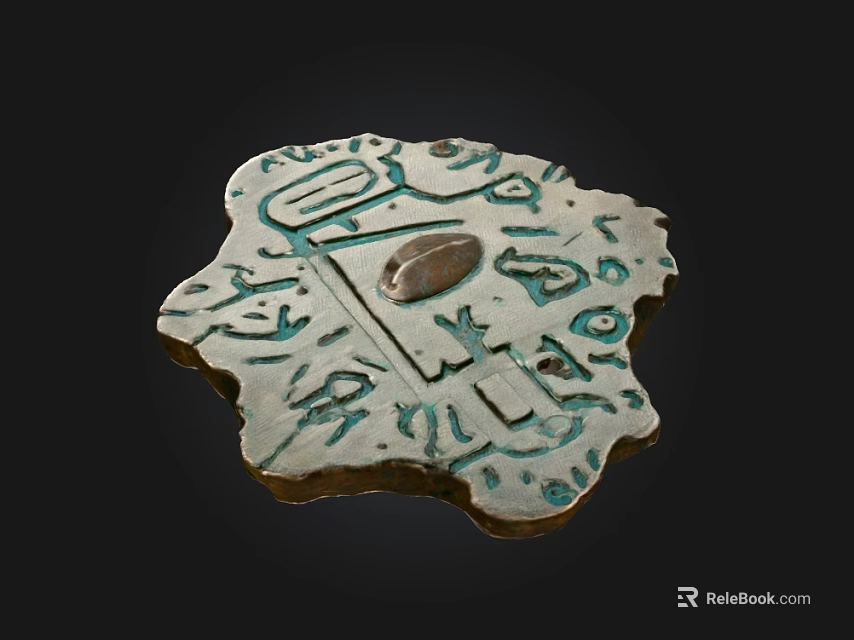 Artistic Stone and Wood Decorative Plaque With Intricate Carvings and Green Accents 3d model 