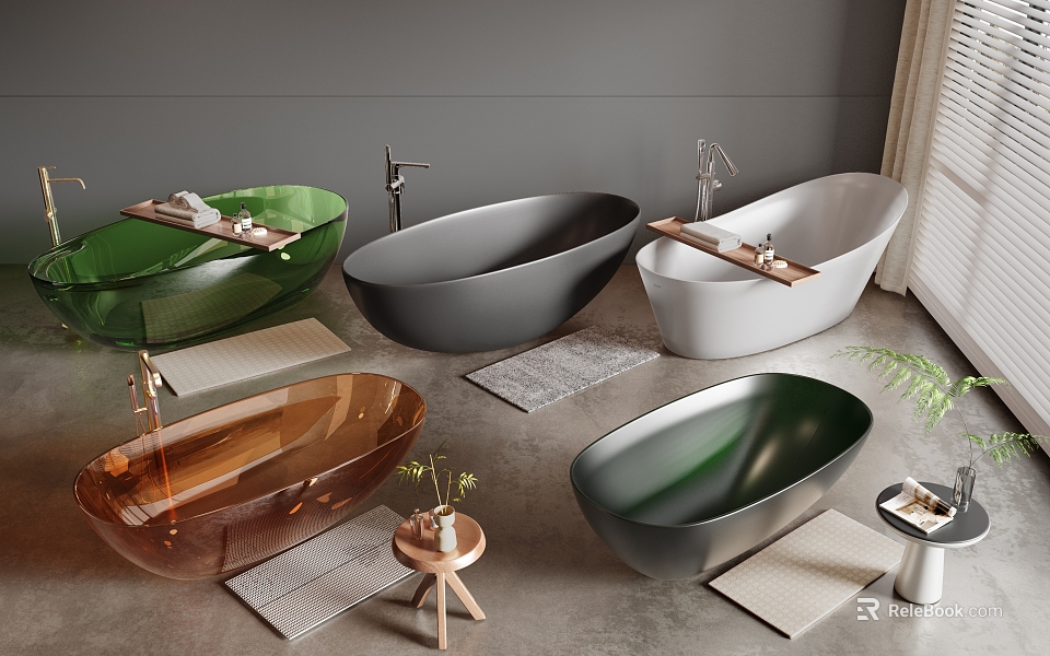 Stylish Freestanding Bathtubs In Multiple Colors With Bath Mats Small Table And Green Plant 3d model 
