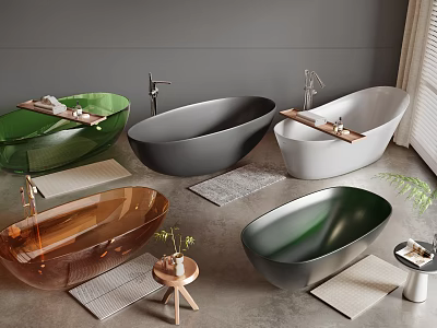 Stylish Freestanding Bathtubs In Multiple Colors With Bath Mats Small Table And Green Plant 3d model