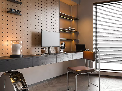 Modern Home Office Interior With Perforated Wood Panel Wall Shelves Desk And Monitor 3d model