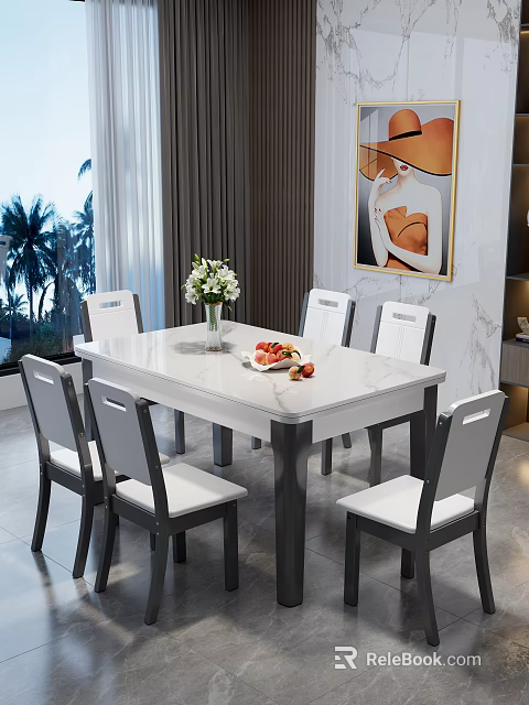 Modern Dining Table Set with White Tabletop Six Chairs Vase and Fruit Plate 3d model