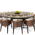 Round Dining Table Set With Leather Chairs Tableware And Green Centerpiece 3d model