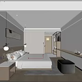 Modern Hotel Room Interior With Queen Bed Projector Screen Nightstand And Decorative Painting