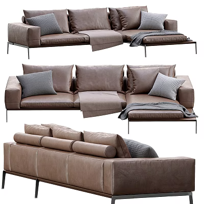 Modern Brown Leather Sectional Sofa With Pillows Throw Blanket And Metal Legs 3d model