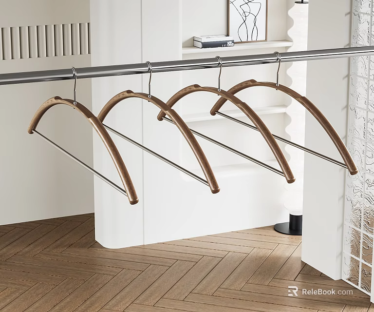 Wooden Clothes Hangers Hanging On Metal Rod In Modern Closet With Wooden Floor 3d model 