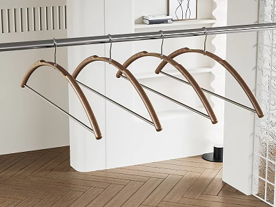 Wooden Clothes Hangers Hanging On Metal Rod In Modern Closet With Wooden Floor 3d model