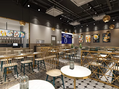Cozy Bubble Tea Shop Interior With Wooden Tables Round Chairs And Gold Hanging Lights 3d model