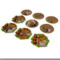 Assorted Delicious Food On Round Plates With Meat Vegetables And Fruits
