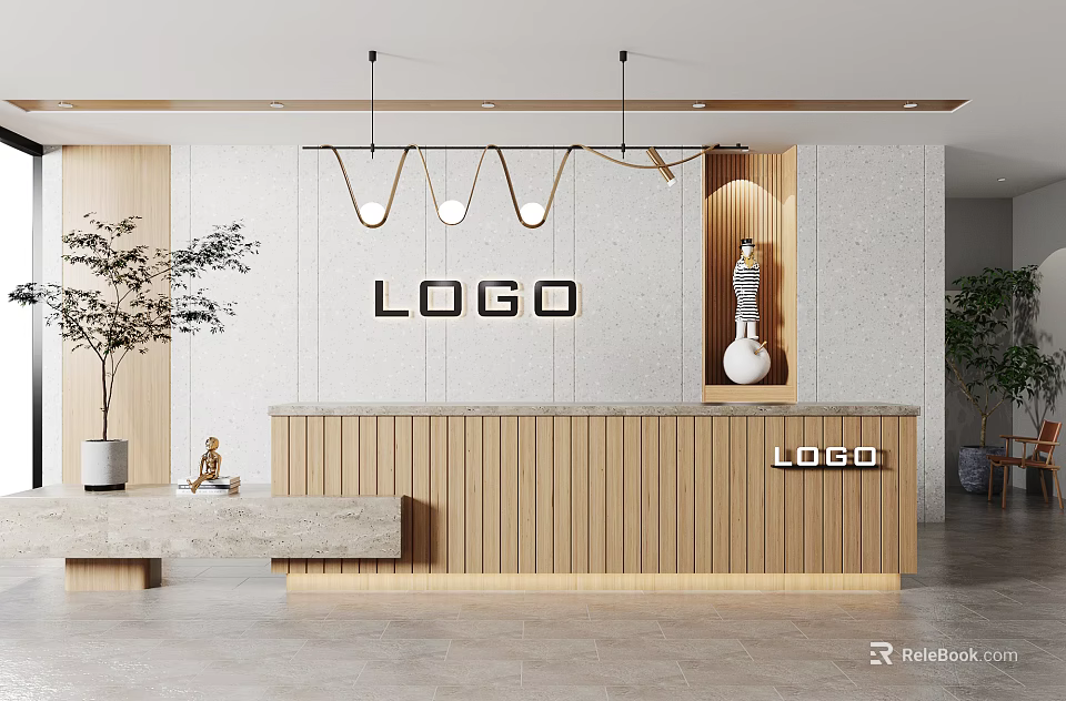 Modern Minimalist Reception Desk with Wooden Counter Wall LOGO Pendant Lights and Decorative Plants 3d model 