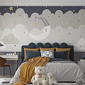 Modern Kids Room With Star Cloud Wallpaper Bed Yellow Blanket Teddy Bears Desk And Bookshelf