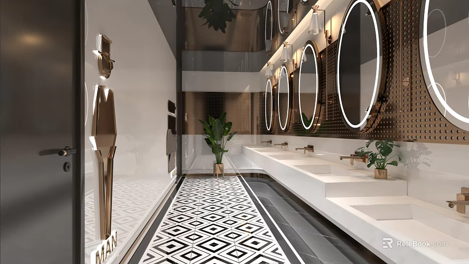Modern Hotel Bathroom Interior With Round Mirrors White Vanities And Geometric Tiles 3d model 
