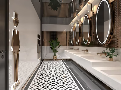 Modern Hotel Bathroom Interior With Round Mirrors White Vanities And Geometric Tiles 3d model