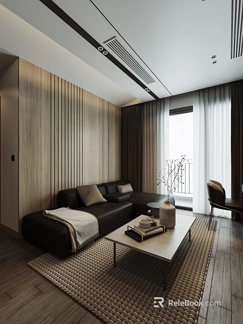 Modern Living and Dining Room Interior With Wooden Slat Wall Dark Sofa and Coffee Table 3d model 