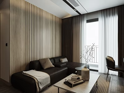 Modern Living and Dining Room Interior With Wooden Slat Wall Dark Sofa and Coffee Table 3d model