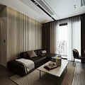 Modern Living and Dining Room Interior With Wooden Slat Wall Dark Sofa and Coffee Table