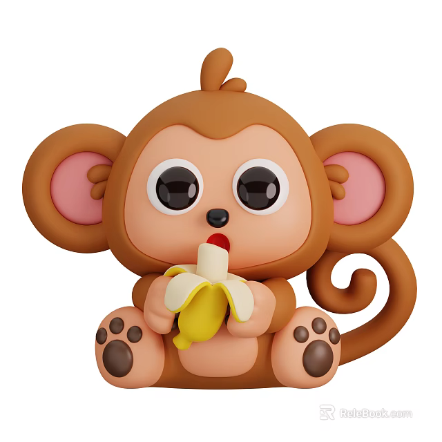 Cute Cartoon Monkey Eating Banana with Big Eyes Round Ears and Curly Tail 3d model 