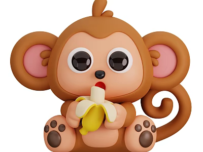 Cute Cartoon Monkey Eating Banana with Big Eyes Round Ears and Curly Tail 3d model