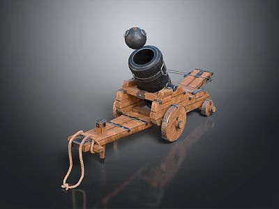 Ancient Cannon Weapon With Wooden Carriage Wheels And Cannonball On Top 3d model