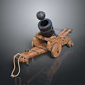 Ancient Cannon Weapon With Wooden Carriage Wheels And Cannonball On Top
