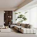 Modern Living Room Interior Design With Beige Sofa Curved Floor Lamp And Green Plant