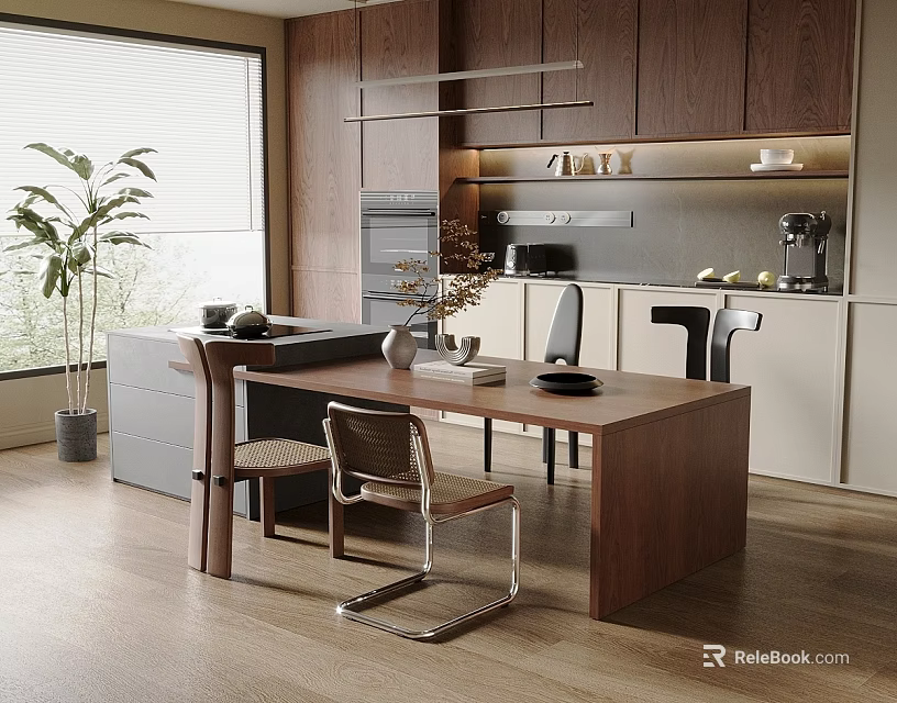 Modern Dining Room Interior With Wooden Table Chairs Cabinets And Potted Plant 3d model 