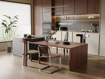 Modern Dining Room Interior With Wooden Table Chairs Cabinets And Potted Plant 3d model