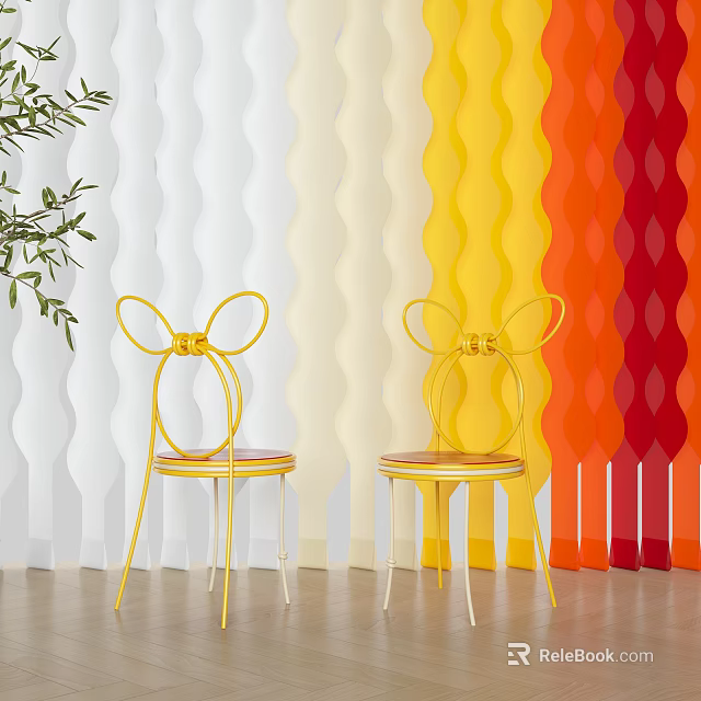 Two Yellow Accent Chairs With Bow Shaped Backrest Against Wavy Gradient Wall 3d model