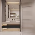 Modern Minimalist Bathroom with Glass Shower Enclosure Freestanding Bathtub Wooden Shelves Towels and Toiletries