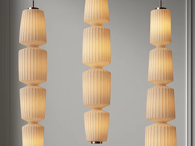 Three Modern Layered Pendant Lights With Textured Cylindrical Shades And Warm Glowing Light 3d model