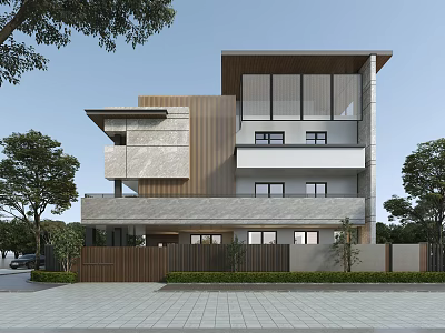 Modern Detached Villa with Contemporary Design Large Glass Windows Stone Facade and Wooden Accents 3d model