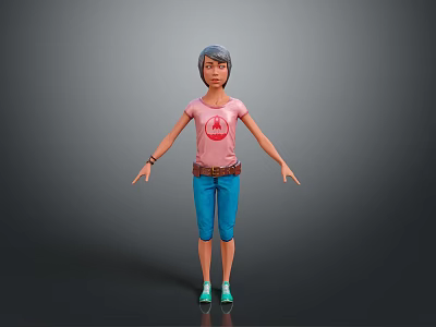 Woman with short gray hair in pink T-shirt red circular logo blue capris and green shoes 3d model