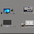 Multiple Computer Monitors On Wall Shelves With Headphones Lamp And Stationery 3d model