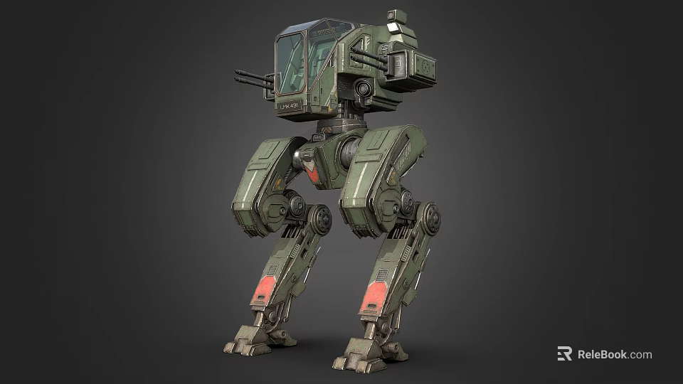 Green Military Mech Robot with Cockpit Mechanical Legs and Cannon Weapon Game Movie Character 3d model 