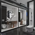 V&H Bathroom Store Modern Interior With Blue Wall Gray Sofas Coffee Table And Hanging Lights 3d model