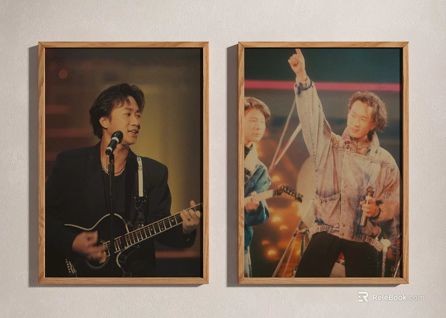 Two Vintage Portrait Paintings of Musicians Performing with Guitar and Microphone on Stage 3d model 