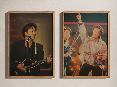 Two Vintage Portrait Paintings of Musicians Performing with Guitar and Microphone on Stage 3d model