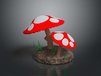 Red Mushrooms With White Spots Growing On Soil And Green Grass 3d model