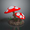 Red Mushrooms With White Spots Growing On Soil And Green Grass