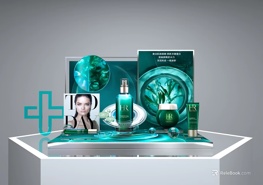Elegant Green Perfume Cosmetics Skincare Products With Bottles And Boxes On White Display Stand 3d model 