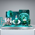Elegant Green Perfume Cosmetics Skincare Products With Bottles And Boxes On White Display Stand