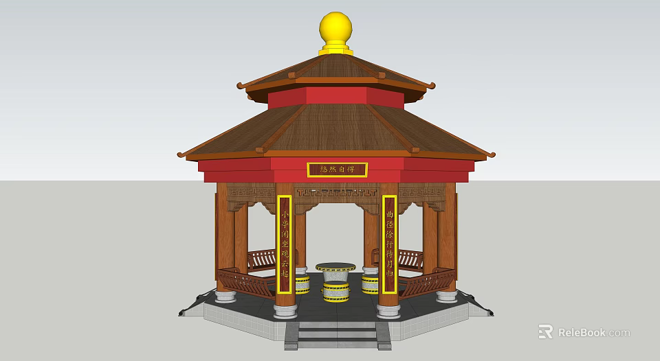 Chinese Style Garden Ornament With Red Roof Golden Decorations Yellow Spherical Top And Wooden Seats 3d model 