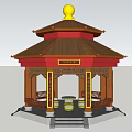 Chinese Style Garden Ornament With Red Roof Golden Decorations Yellow Spherical Top And Wooden Seats