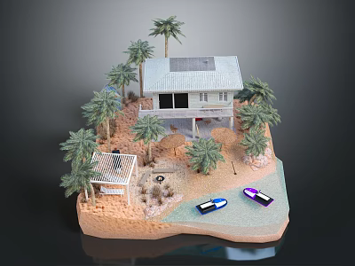 Tropical Coastal Beach Scene With Palm Trees Small House And Boats On Sandy Shore 3d model