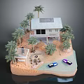 Tropical Coastal Beach Scene With Palm Trees Small House And Boats On Sandy Shore